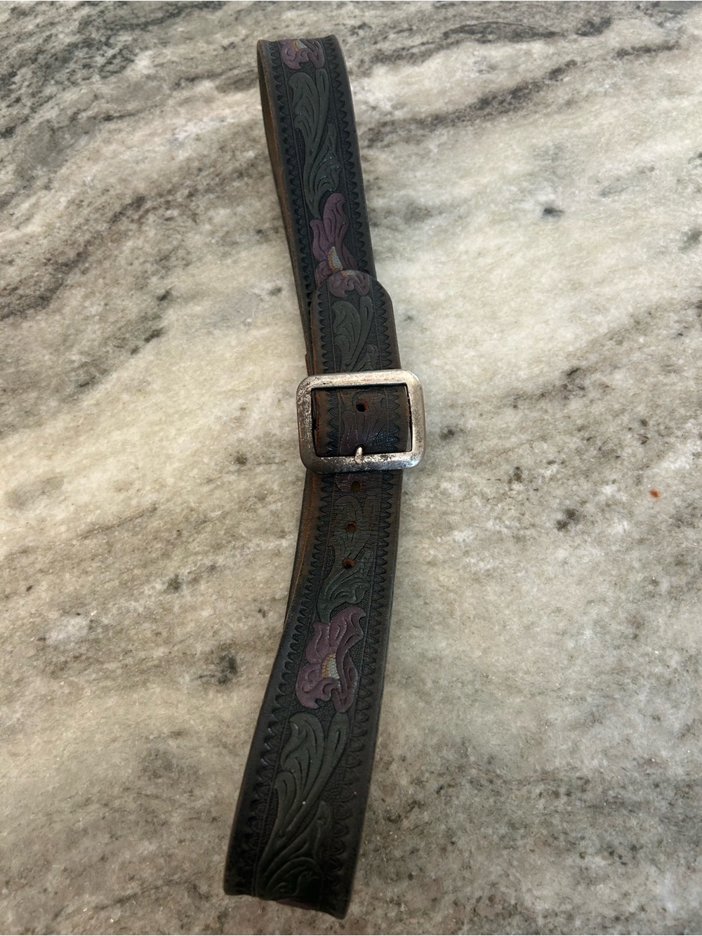 Beth Frank Vintage 1975 -Tooled Floral Leather Belt - stamped 36